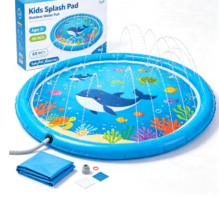 68" Kids Splash Pad Sprinkler for Outdoor Summer Water Play, Non-Slip Splash Mat with Sprinkler, Backyard Water Toy for Toddlers & Children Ages 3+