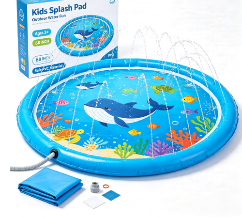68" Kids Splash Pad Sprinkler for Outdoor Summer Water Play, Non-Slip Splash Mat with Sprinkler, Backyard Water Toy for Toddlers & Children Ages 3+
